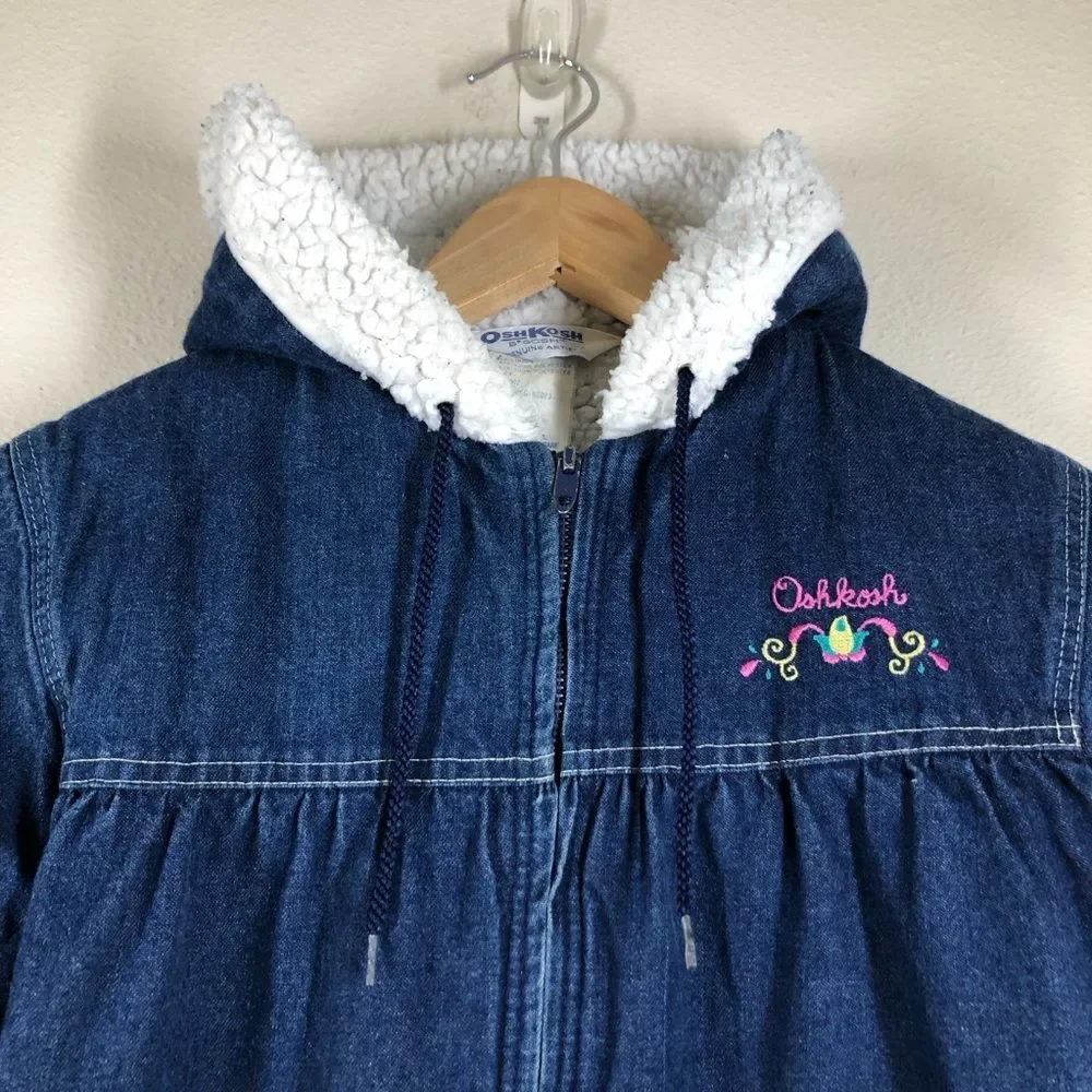 Vintage Kids OshKosh B’Gosh Sherpa Lined Denim Jacket Hooded Made In USA